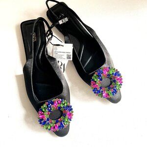 Zara Colourful  Rhiniestone Detail Balck Satin Flats 37